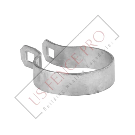 Galvanized steel chain-link fence brace band resting on a plain surface, showing its circular shape and smooth metallic finish, designed for securing fence rails in outdoor environments, neutral and practical tone, no visible text