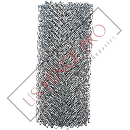 Galvanized chain-link fence fabric showing interwoven steel wires forming a diamond mesh pattern, displayed against a neutral background in a well-lit environment, conveying durability and security